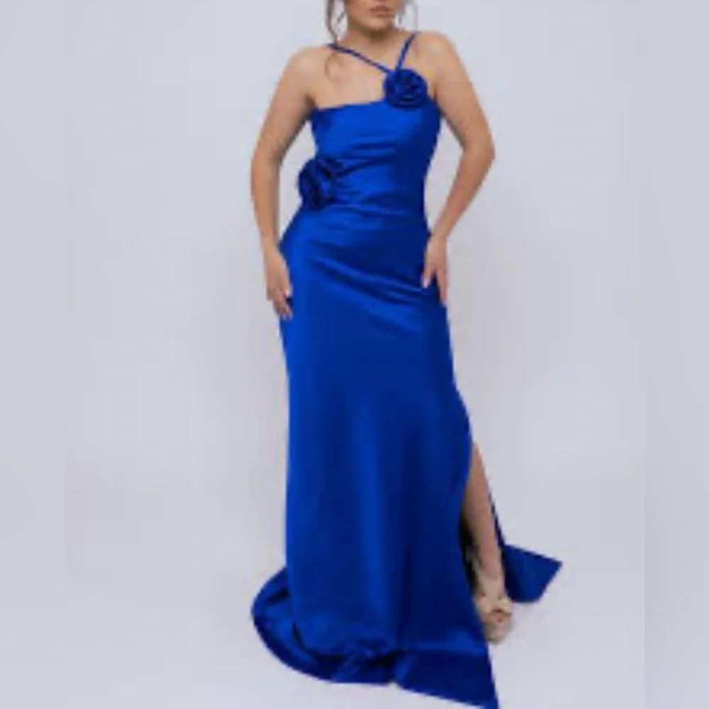 Commense Maxi Dress Womens Medium Blue Rosette One Shoulder Satin OA231227059